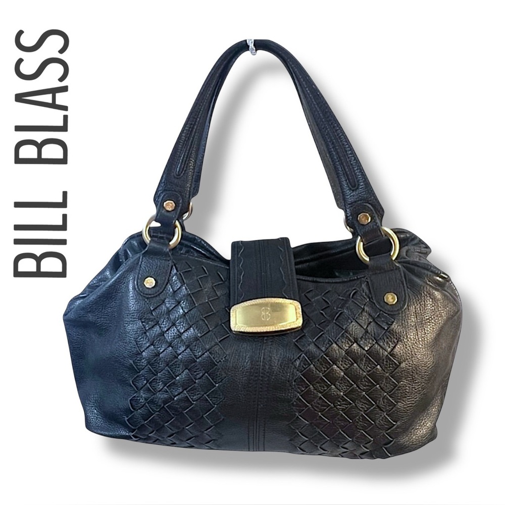 BILL BLASS Vintage Black Woven Leather Satchel or Shoulder Hobo Bag